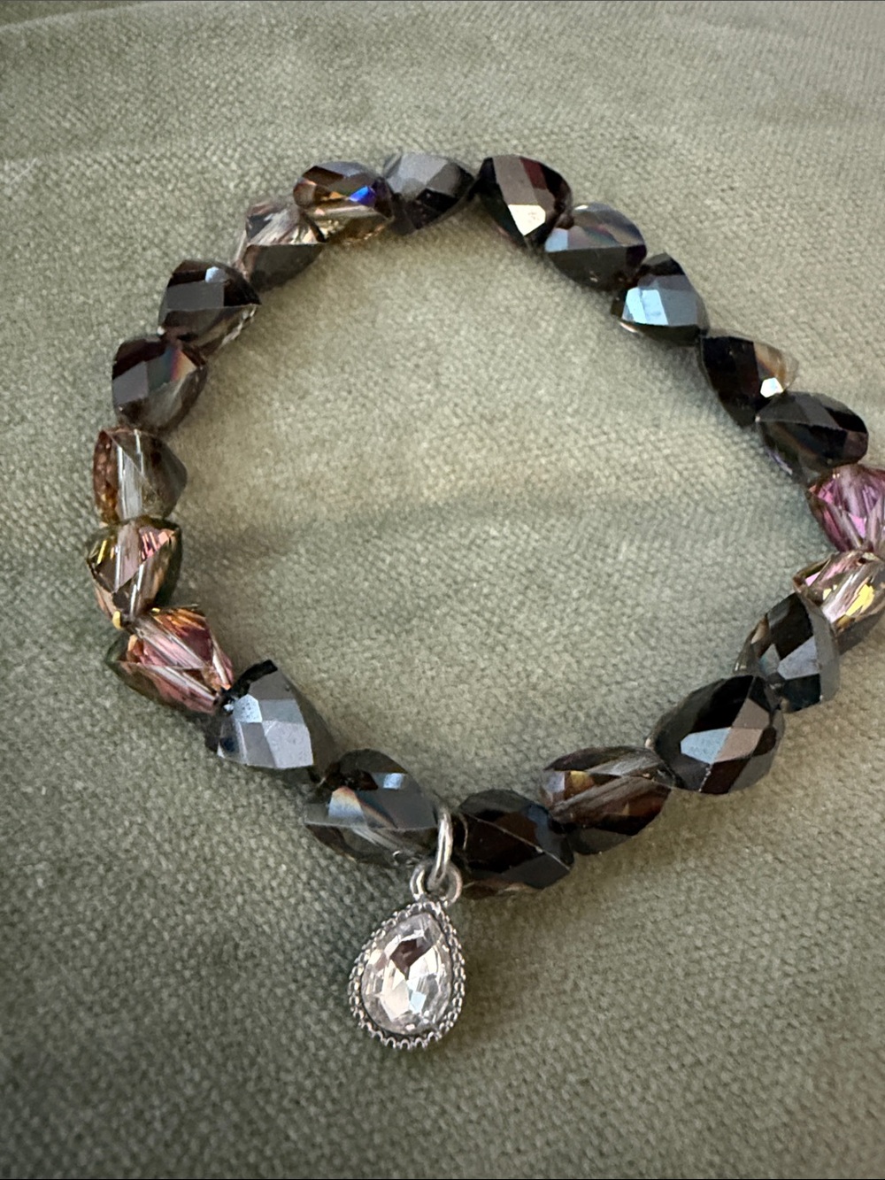 Faceted Smoky Crystal Stretch Bracelet with Teardrop Charm